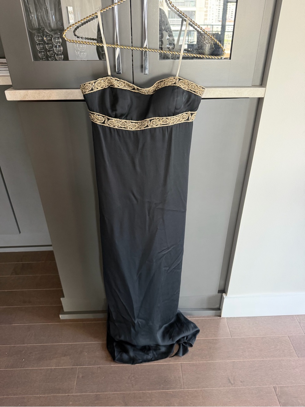 Marchesa Black Strapless Maxi Dress with Gold Lace Trim